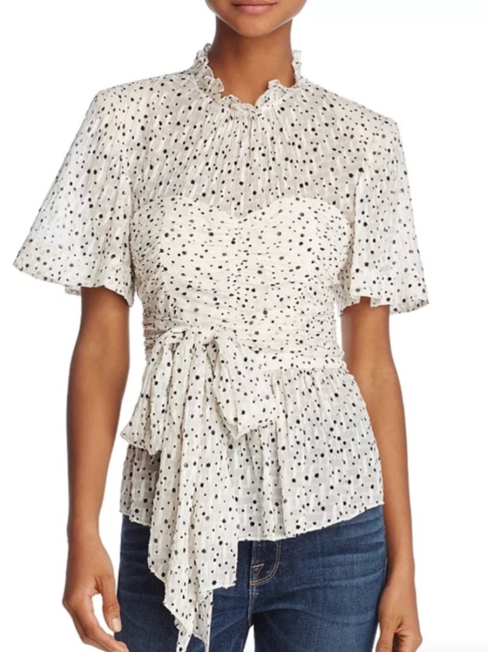 REBECCA TAYLOR white blouse with black & white star print-wrap belt-LIKE NEW